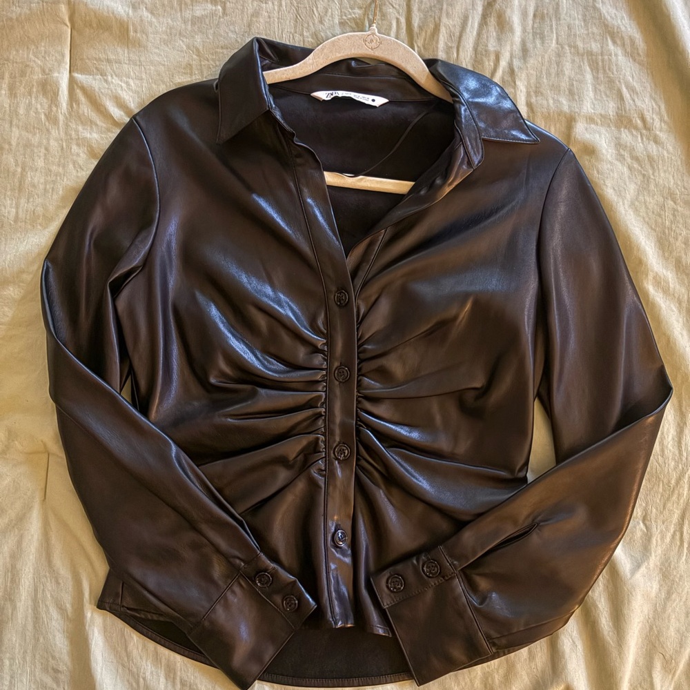 Zara Black Faux Leather Shirt Jacket